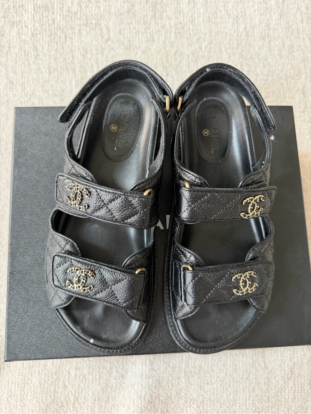 CHANEL Black Quilted Leather dad sandal size 38